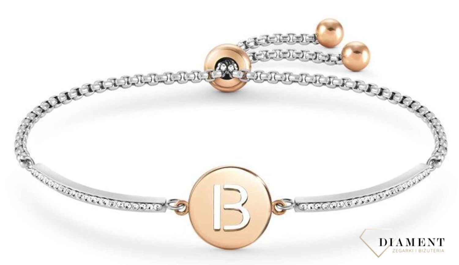 Bransoletka Nomination Italy z kolekcji Milleluci Letters. Wykonana ze stali szlachetnej, zdobiona mieniącymi się, błyszczącymi cyrkoniami pave oraz zawieszką z literą B w kolorze różowego złota..jpg